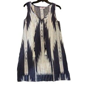St. Tropez West Linen Dress Size‎ 2 Blue White Ikat Sleeveless Boho Lined